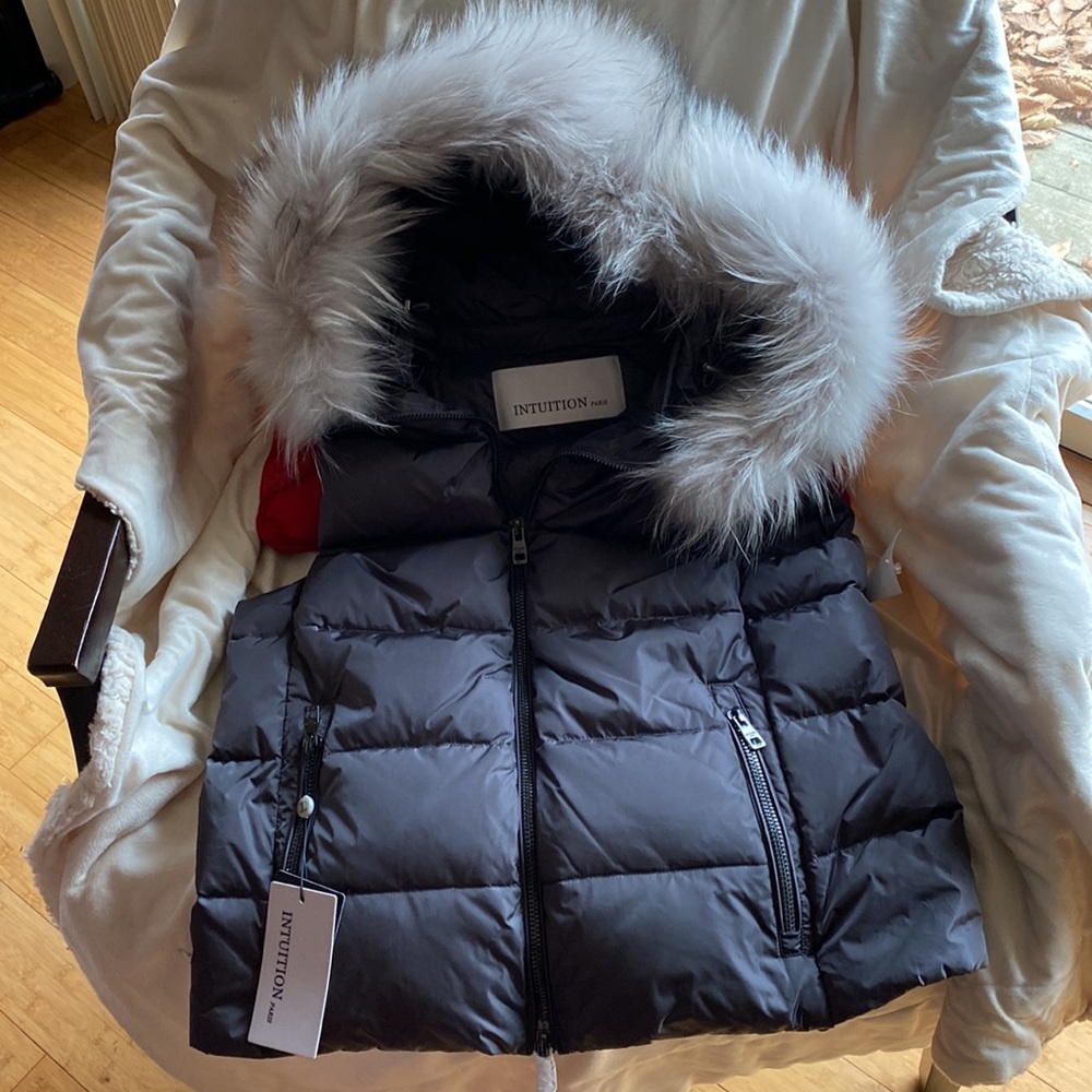 Intuition Paris Down Double Zip Puffer Vest Real Fur Collar New With Tags